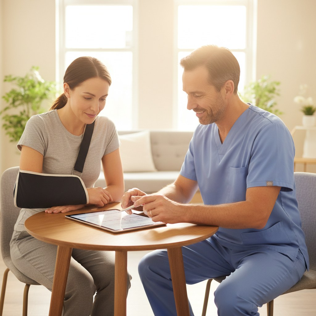 Chiropractor reviewing a care plan with a patient in a West Knoxville office